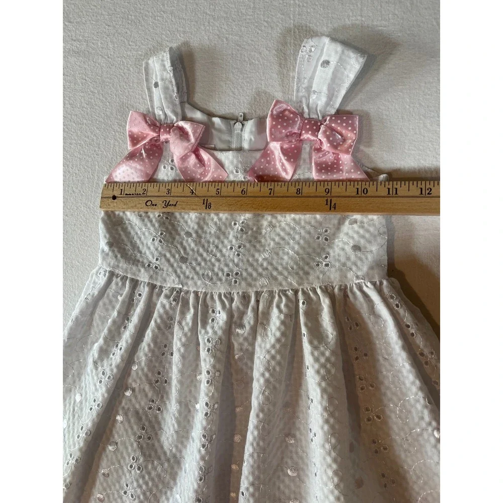 Bonnie Jean Girls White Eyelet Seersucker Dress Pink Bows 4T
